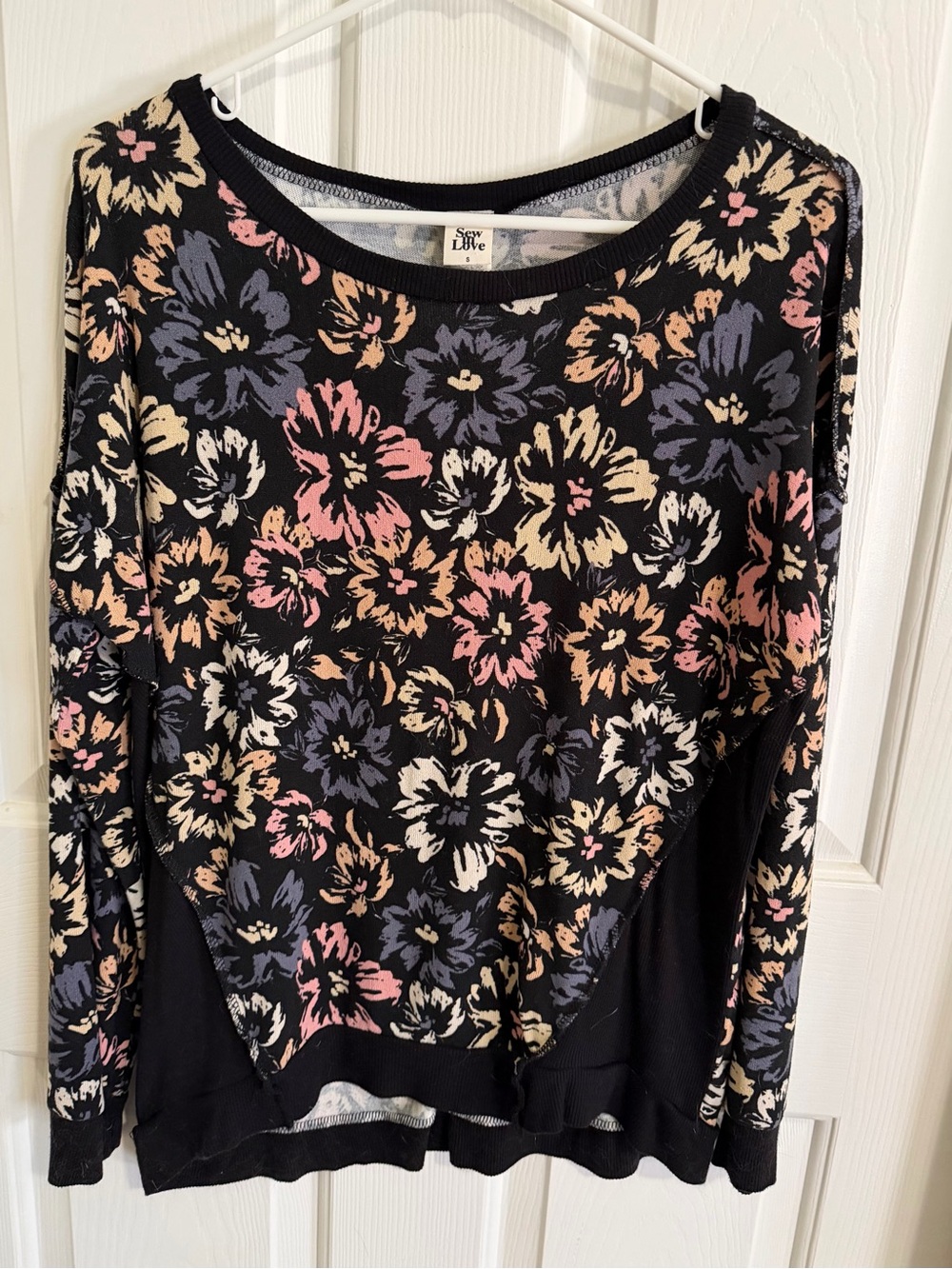 NWOT Sew In Love Black Floral Crewneck Sweater with Pink, Cream & Blue Accents
